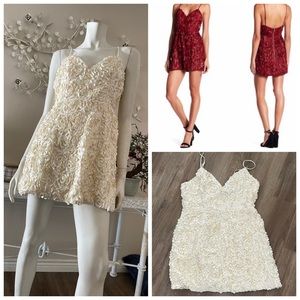 Alpha Omega Cream Ruffle Faux Leather Floral Mini Dress.